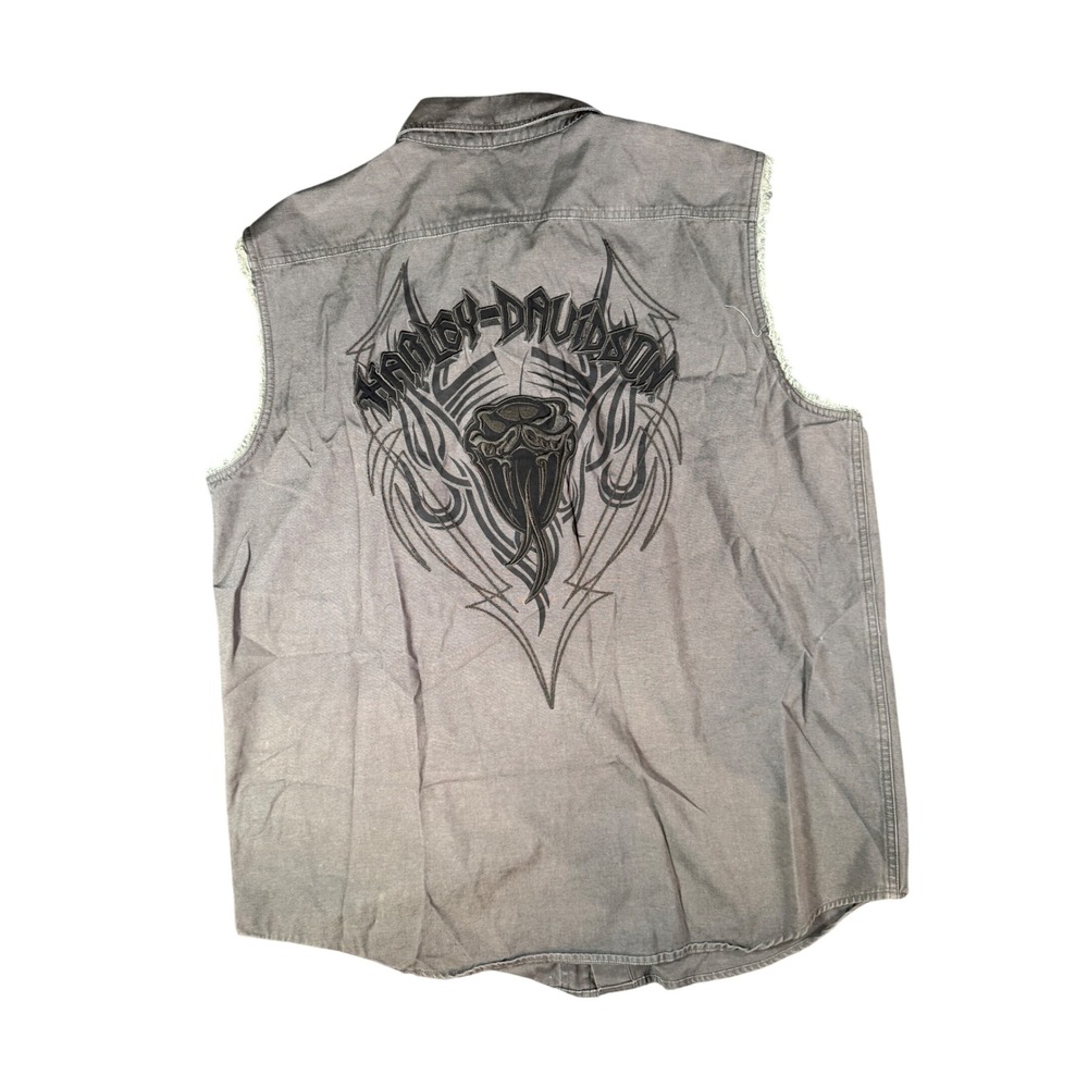 Harley-Davidson Mens Sleeveless Button Down Shirt Gray Embroidered Cobra XL